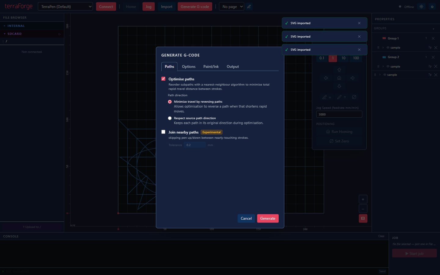 The Generate G-code window